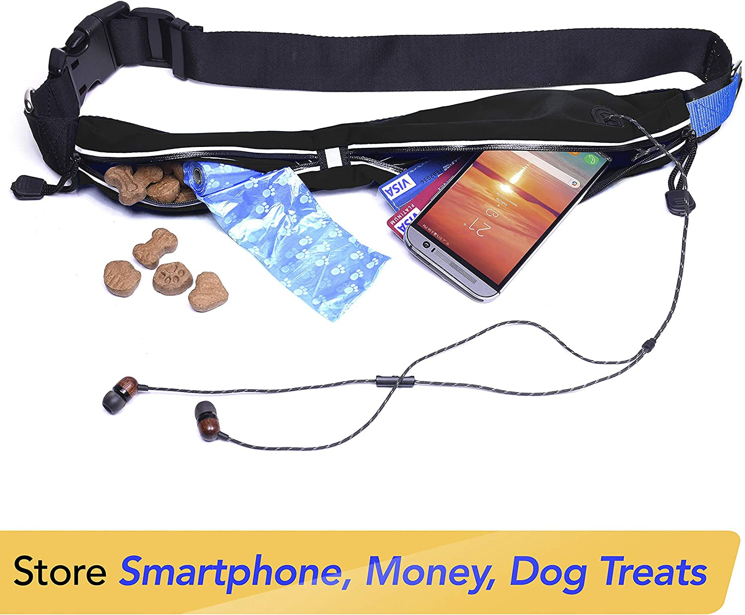 Retractable Hands Free Dog Leash W/Smartphone Pouch – Dual Handle Bungee Waist Leash for up to 150 Lbs Large Dogs (Black - Blue W/Smartphone Pouch)