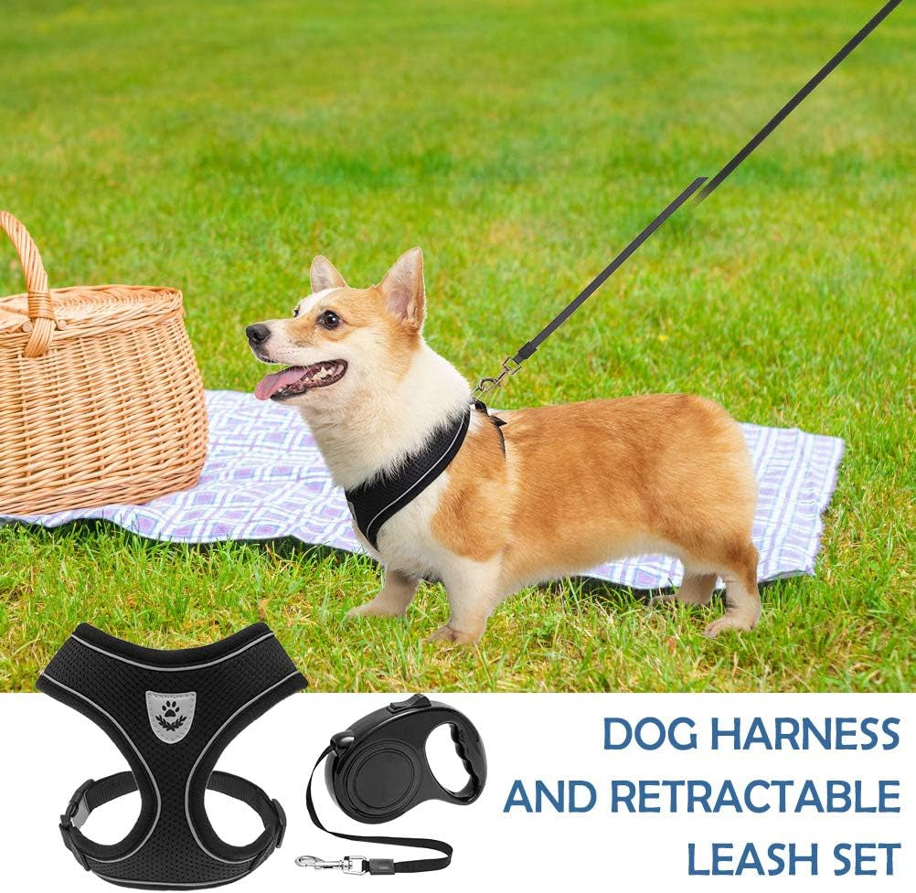 Dog Harness with Retractable Leash Set - Soft Mesh Puppy Harness and Leash, No Pull Padded Vest with 16.4 FT Leash for Small Medium Breeds Dogs & Cats, Black