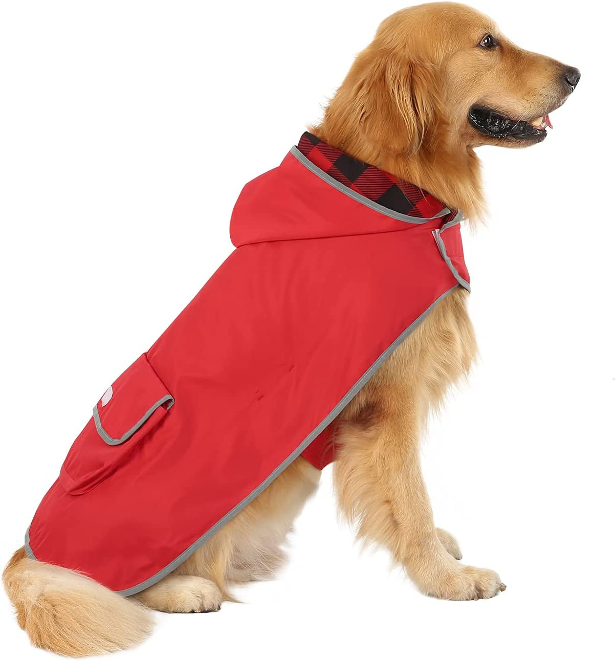 Reversible Dog Raincoat Hooded Slicker Poncho Rain Coat Jacket for Small Medium Large Dogs Buffalo Plaid Red - L