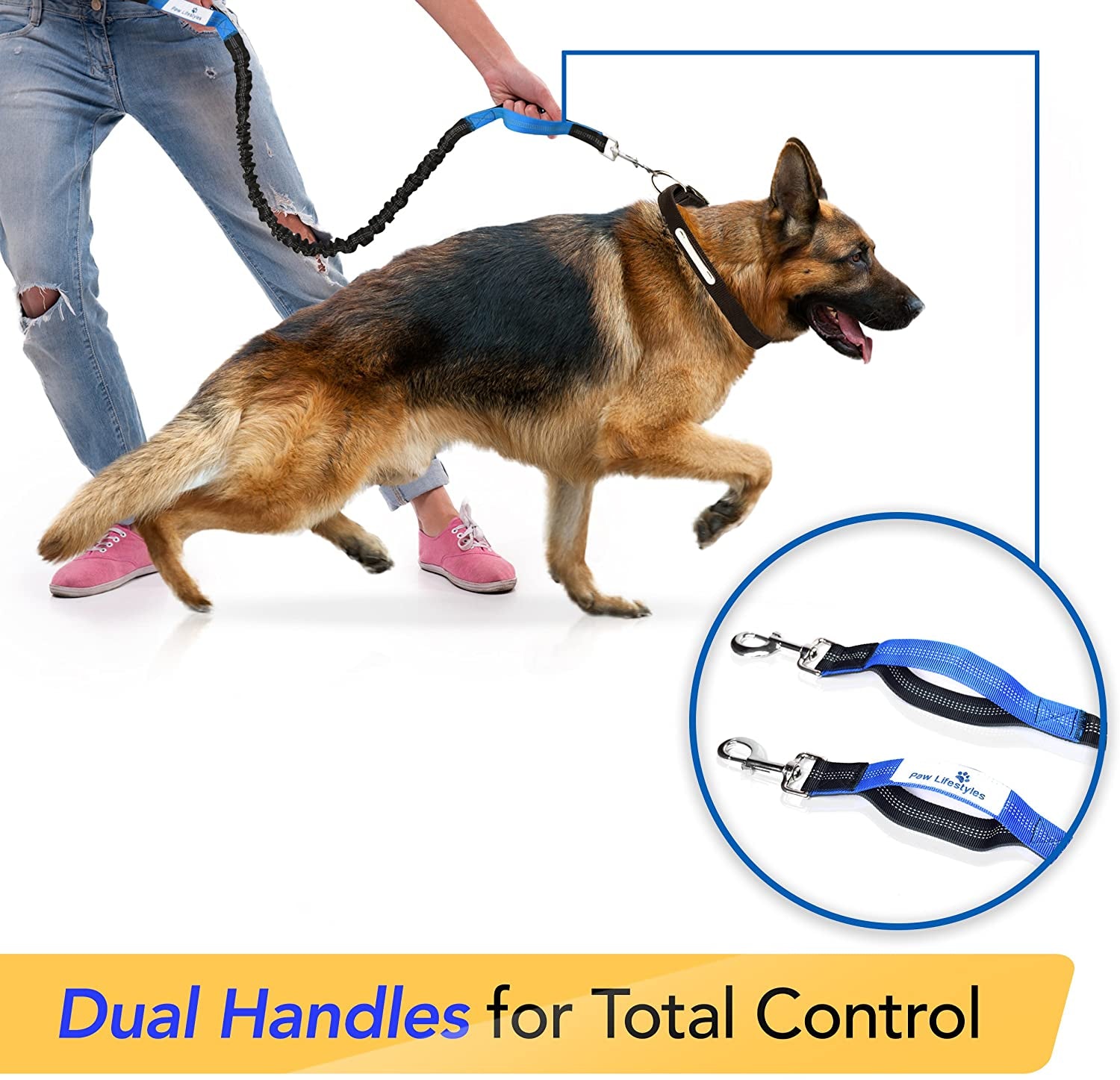 Retractable Hands Free Dog Leash W/Smartphone Pouch – Dual Handle Bungee Waist Leash for up to 150 Lbs Large Dogs (Black - Blue W/Smartphone Pouch)