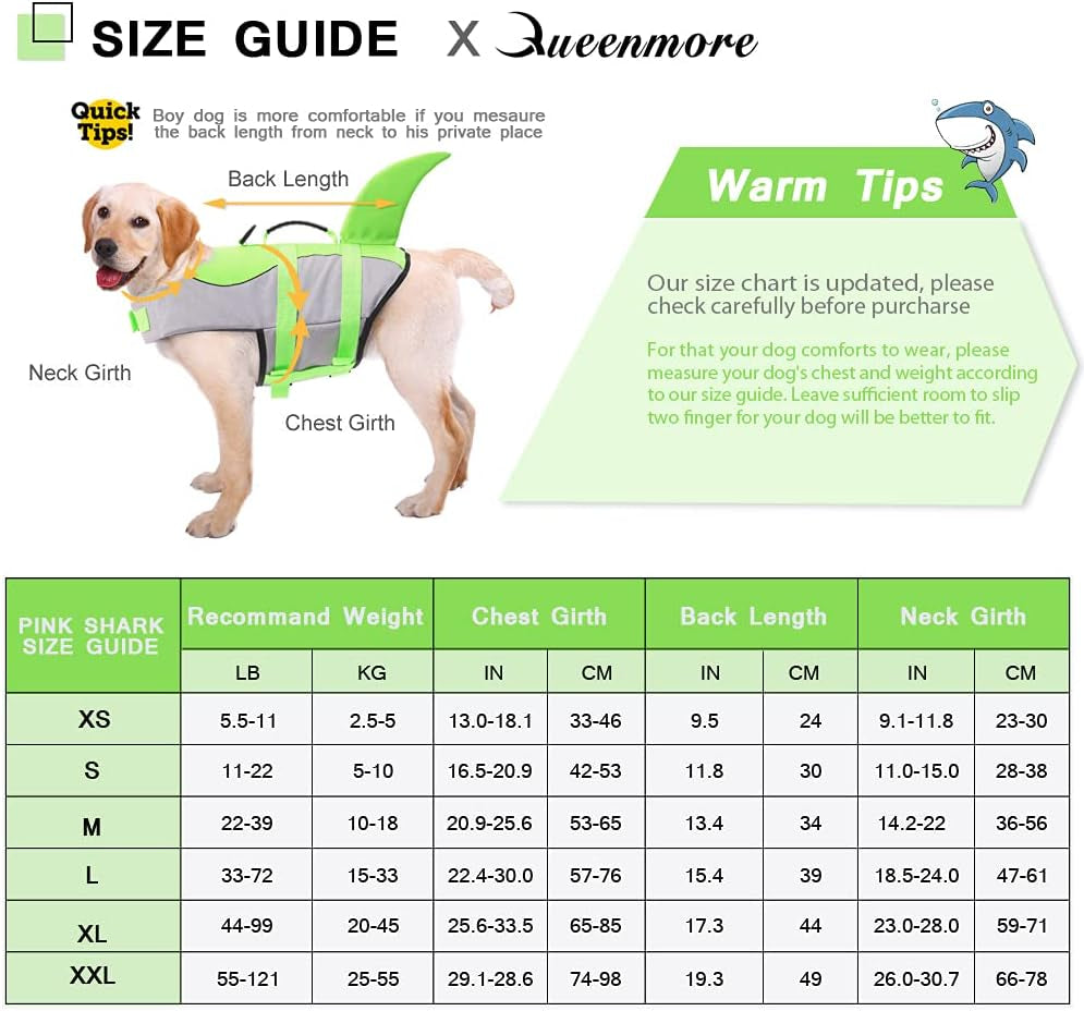 Dog Life Jacket Ripstop Shark Dog Safety Vest Adjustable Preserver with High Buoyancy and Durable Rescue Handle for Small,Medium,Large Dogs, Green Shark Small