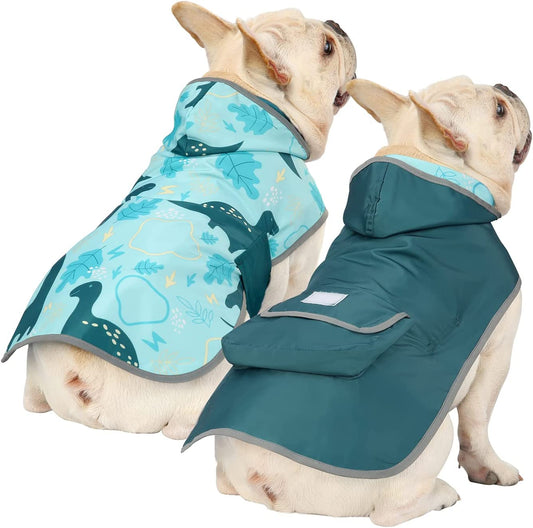 Reversible Dog Raincoat Hooded Slicker Poncho Rain Coat Jacket for Small Medium Large Dogs Dinosaurs - M