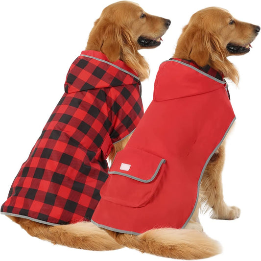 Reversible Dog Raincoat Hooded Slicker Poncho Rain Coat Jacket for Small Medium Large Dogs Buffalo Plaid Red - L